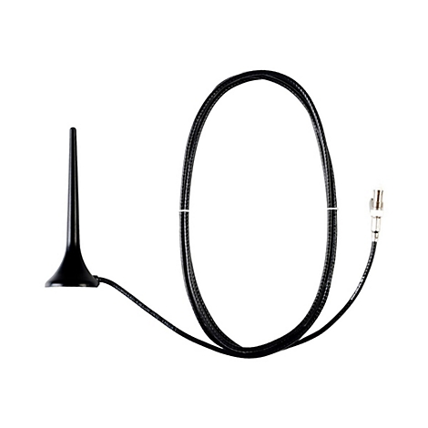 Schwarze Stabantenne mit Kabel und Metallstecker vor weißem Hintergrund.