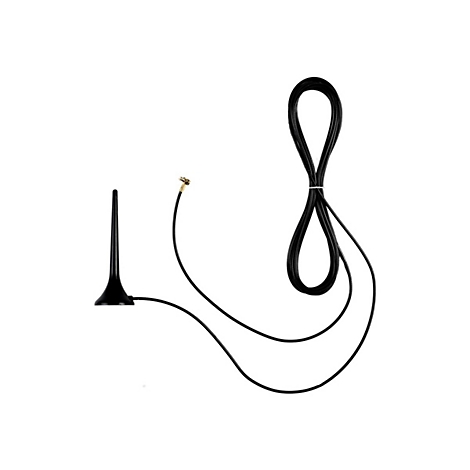 Schwarze Stabantenne mit langem Kabel und goldenem Stecker auf weißem Hintergrund.