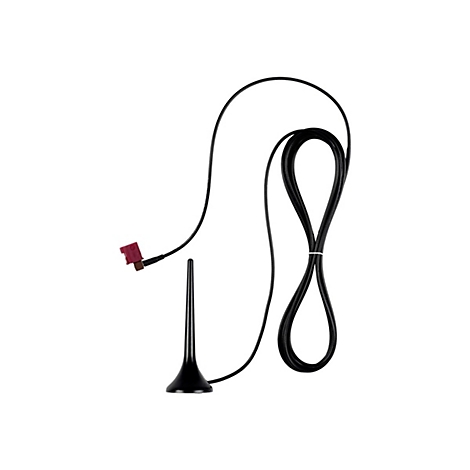 Schwarze Stabantenne mit Kabel und rotem Fakra-Stecker vor weißem Hintergrund.