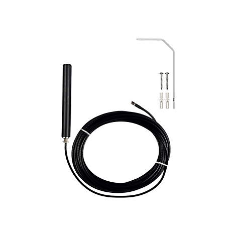 Schwarze Stabantenne mit langem Kabel und beiliegendem Montagematerial vor weißem Hintergrund.