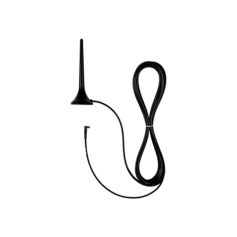Schwarze Stabantenne mit langem Kabel und gewinkeltem Anschlussstecker vor weißem Hintergrund.