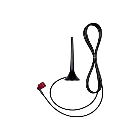 Schwarze Stabantenne mit Kabel und rotem Stecker auf weißem Hintergrund.