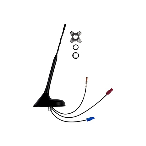 Schwarze Autoantenne mit Montagematerial und Kabeln mit farbigen Steckern vor weißem Hintergrund.