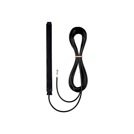 Schwarze Stabantenne mit langem Kabel und Anschlussstecker auf weißem Hintergrund.