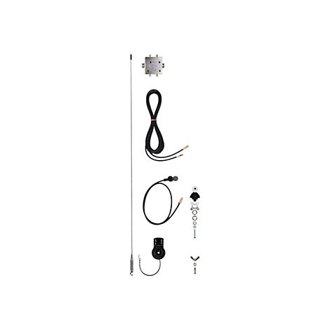 Antennen-Set bestehend aus langer Stabantenne, Kabeln, Metallgehäuse und diversen Montageteilen auf weißem Grund.