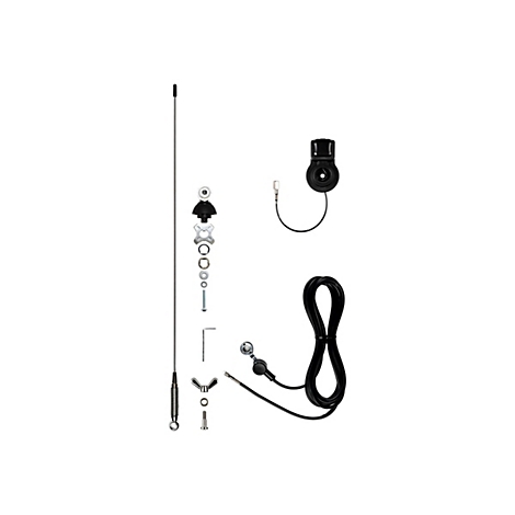 Einzelteile einer Funkantenne für Fahrzeuge inklusive Halterung, Kabel und Montagematerial vor weißem Hintergrund.
