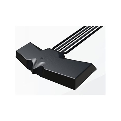Schwarzes technisches Bauteil mit markanter Flügelform und drei herausführenden Kabeln vor hellem Hintergrund.