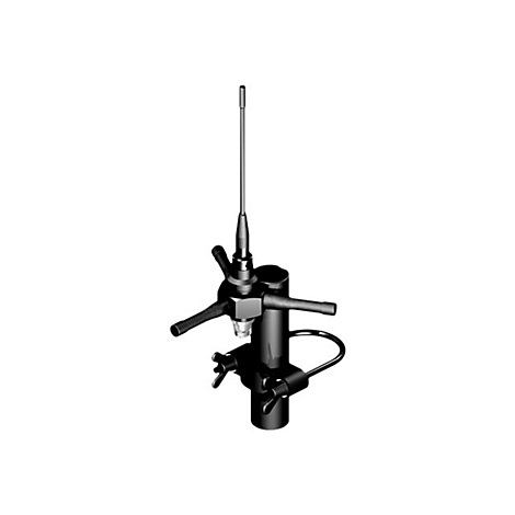 Schwarze Funkantenne mit Metallstab auf einem Mast montiert, isoliert vor weißem Hintergrund.