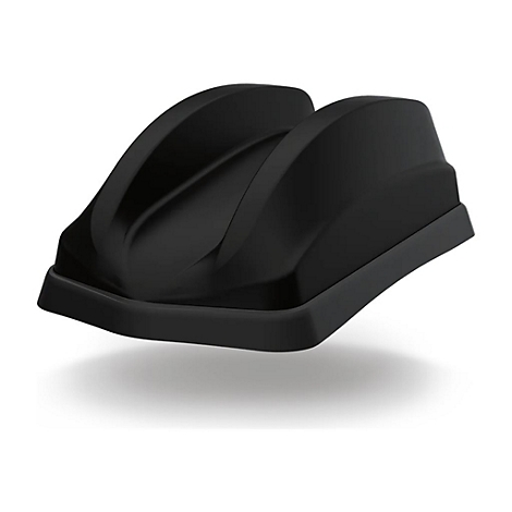 Schwarze, geschwungene Halterung vor weißem Hintergrund. Zwei gewölbte Vertiefungen oben, ein breiterer Sockel.