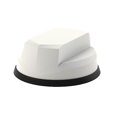 Ein weißes, eckiges Gerät, auf schwarzem Sockel, vor weißem Hintergrund. Oberseite leicht abgerundet.