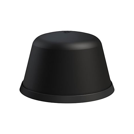 Schwarze, konische Kappe mit flacher Oberseite. Ein leicht erhöhter Rand bildet die Basis.