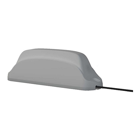 Graue, abgerundete Antenne mit schwarzem Kabel.