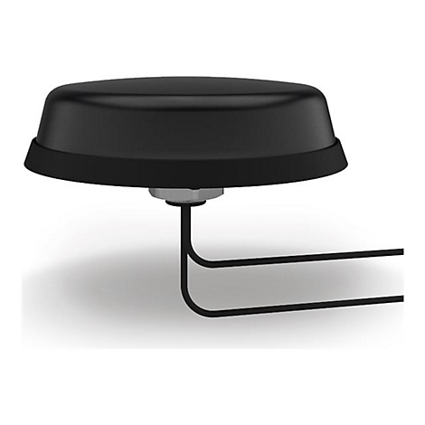 Schwarze, runde Antenne mit Kabelanschluss, vor weißem Hintergrund. Der obere Teil ist flach, der untere hat einen schwarzen Rand.