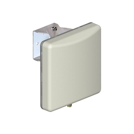 Hellbeige Antenne, an Metallhalterung befestigt. Auf weißem Hintergrund.