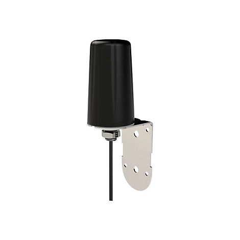 Schwarze Antenne mit Halterung. Die zylindrische Antenne befindet sich auf einer metallischen Halterung.