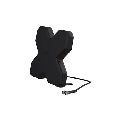 Schwarze Antenne in X-Form, mit Kabel und Steckern. Auf weißem Hintergrund.