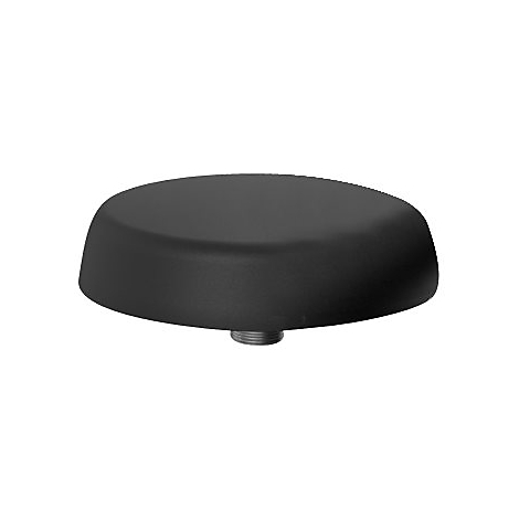 Schwarze, runde Antenne mit Gewinde unten. Obere Fläche flach, Seiten leicht abgerundet.
