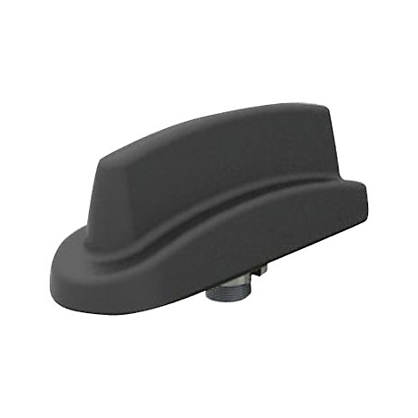 Dunkelgraue Antenne, halbkugelförmig mit einer rechteckigen Ausbuchtung oben, Schraubanschluss unten.