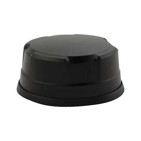 Schwarzes, zylindrisches Gerät mit abgerundeter Oberseite. Es steht auf einem weißen Hintergrund.