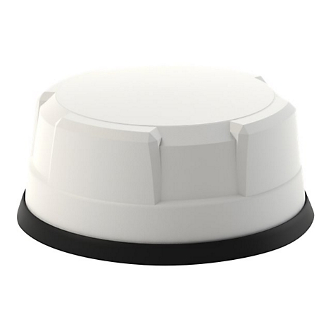 Weißes, rundes Gerät mit schwarzem Rand. Die Oberseite ist flach, die Seiten sind geriffelt.