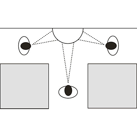 Schematische Draufsicht: Drei Personen blicken auf einen zentralen Halbkreis. Zwei graue Quadrate rahmen die Szene ein.