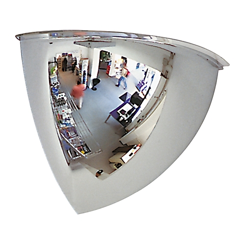 A half-dome security mirror reflects an interior space with people, shelves, and workstations.