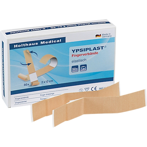 Une boîte et des pansements pour les doigts. L'emballage indique : YPSIPLAST, pansements pour les doigts, élastique, 50x. Trois pansements sont devant.