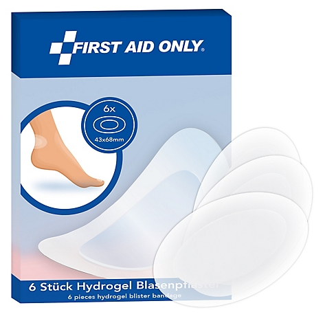 Emballage de pansements hydrogel pour ampoules First Aid Only de 6 pièces avec illustration d'application sur pied.