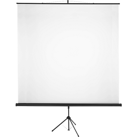 Pantalla de proyección sobre trípode. Tela blanca, marco y soporte negros, aislados sobre fondo blanco.