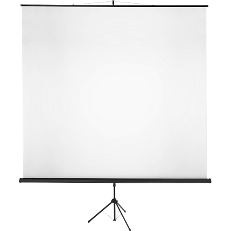 Pantalla de proyector con trípode negro, tela blanca y soporte negro.