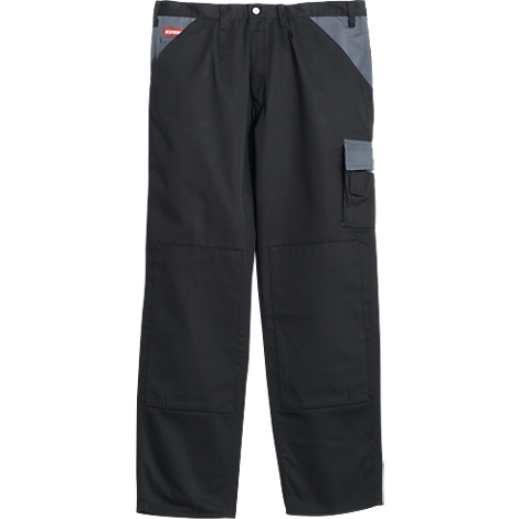 Pantalon de travail noir avec détails gris. Logo rouge en haut à gauche. Poches genoux et poches arrière.