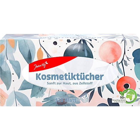Caja de pañuelos cosméticos con estampado floral. Texto: Pañuelos cosméticos, suaves para la piel, hechos de celulosa. Logotipo: 90% de contenido reciclado.
