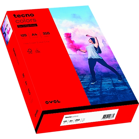 Embalaje de papel rojo con colores coloridos. Mujer con bomba de humo, Techno Colors, 120, A4, 250.