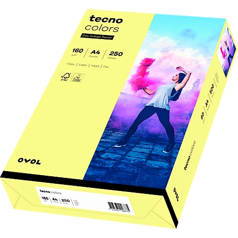 Caja de papel amarilla con estampado. Una persona bailando frente a humo de colores. "Tecno Colors" e información del producto.