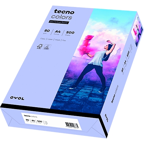 Un paquete de papel Tecno Colors. Impreso: 80g, A4, 500 hojas. En el paquete, una bailarina y humo en colores vibrantes.