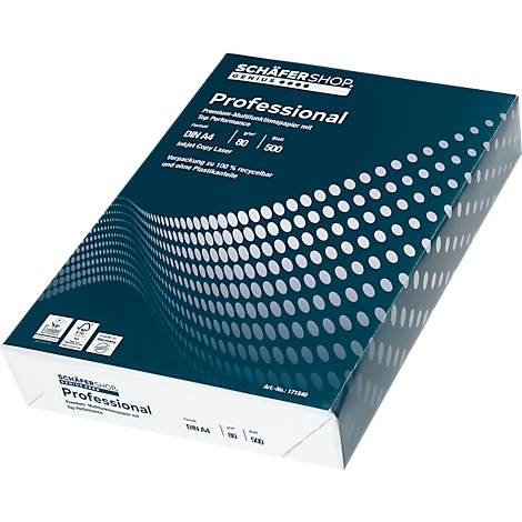 Caja de cartón azul con letras "Professional". Contiene papel para impresoras.