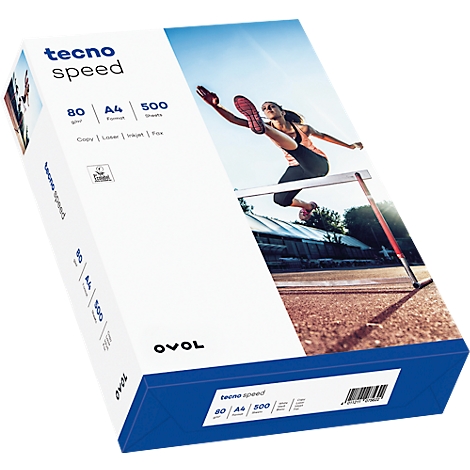 Paquete de papel con impresión: 'tecno speed', debajo una atleta corriendo vallas. Especificaciones: 80 g/m², A4, 500 hojas.