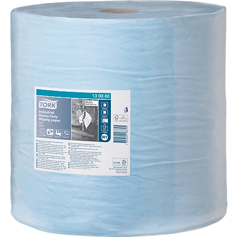 Rollo de papel de limpieza industrial azul Tork sobre fondo blanco con etiqueta de producto.