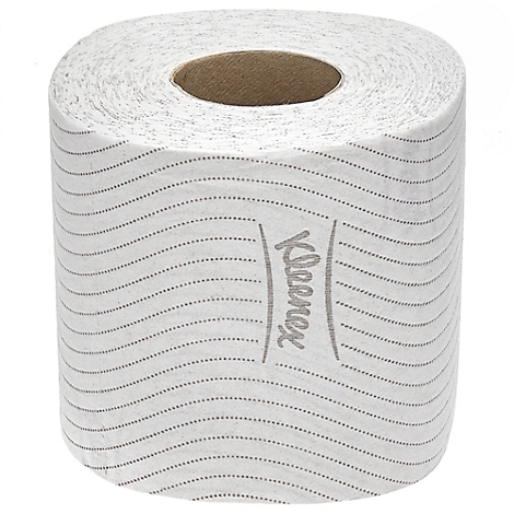 Primer plano de un rollo de papel higiénico con líneas onduladas grises. Logotipo de Kleenex.