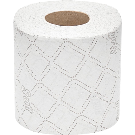 Primer plano de un rollo de papel higiénico con patrones cuadrados en relieve y el logotipo de Scott.