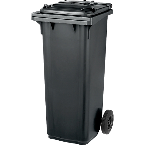Contenedor de basura negro con tapa y ruedas, sobre un fondo blanco.