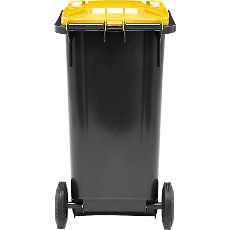 Contenedor de basura negro con tapa amarilla, ruedas y agarraderas empotradas.