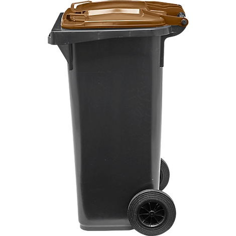 Contenedor de basura negro con tapa marrón y ruedas. Vista lateral.