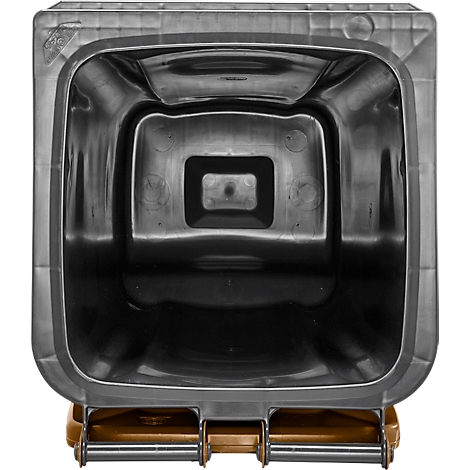 Vista superior de un cubo de basura gris. El interior es negro. La parte inferior es marrón con conexiones metálicas.