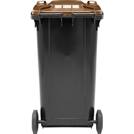 Contenedor de basura negro con tapa marrón y dos ruedas.