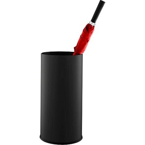 Paragüero cilíndrico negro con un paraguas rojo en su interior, aislado sobre fondo blanco.