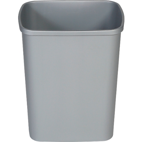 Papelera gris, rectangular, con esquinas redondeadas y una amplia abertura.
