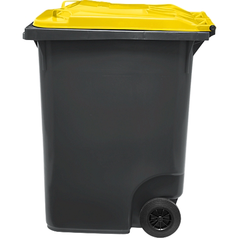 Contenedor de basura gris con tapa amarilla, una rueda en el lado derecho. El contenedor de basura está sobre un fondo blanco.