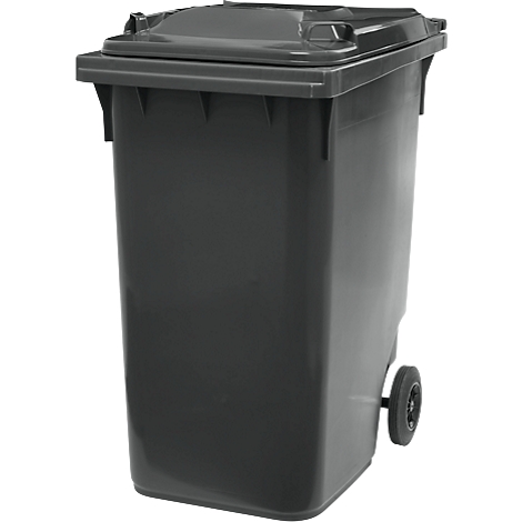 Contenedor de basura gris oscuro, rectangular, tapa, ruedas.