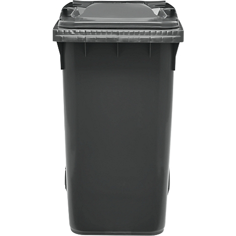 Contenedor de basura gris con tapa. El contenedor está sobre un fondo neutro.
